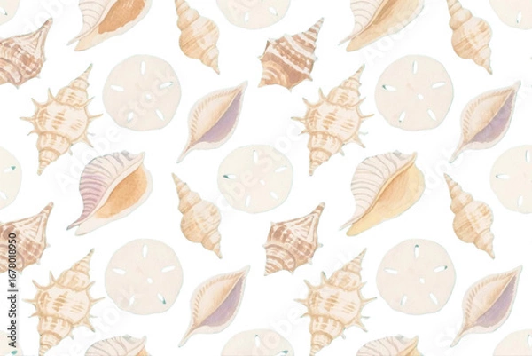 Fototapeta Watercolor seashells and sand dollar seamless pattern, hand-drawn texture