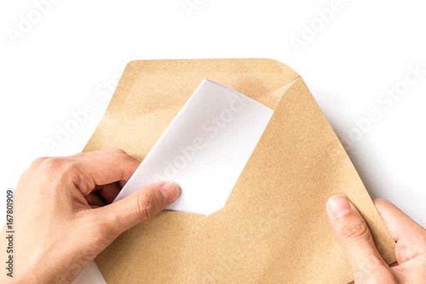 Fototapeta hand opening brown Document Envelope with paper on white background
