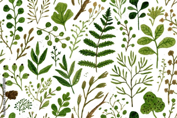 Fototapeta Watercolor texture seamless pattern of wild forest plants, hand-drawn botanical style