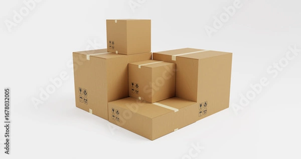 Fototapeta Pile of Brown Cardboard Shipping Boxes Isolated