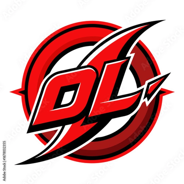 Obraz Dynamic Red Swirl "D" and "L" Badge with Slanted Typography and Curved Line Accent