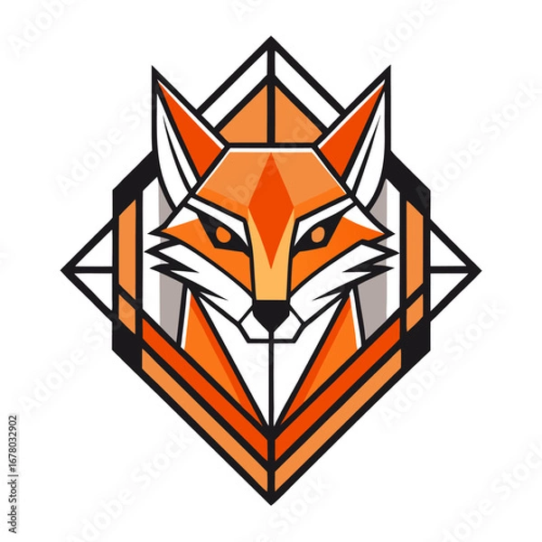 Obraz Symmetrical Geometric Fox Head Emblem with V-Shaped Lines and Flat Design