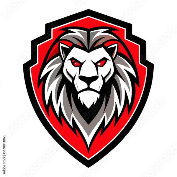 Obraz Red-Toned Lion Head Emblem with Modern Linework and Shield Background