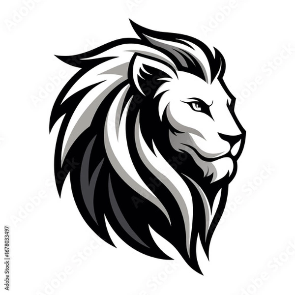 Obraz White-Fur Lion Logo with Flowing Mane Lines and Regal Monochrome Styling