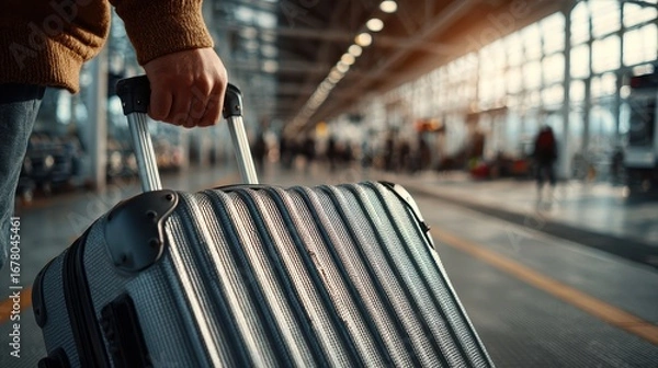 Fototapeta Man pulling a suitcase with a handle at the train station platform. Useful for travel, business trips, vacation, and moving content.