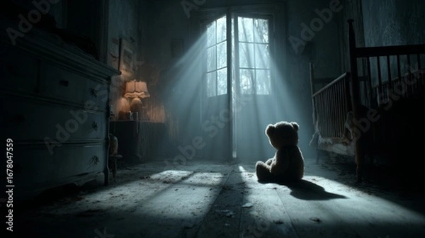 Fototapeta Creepy teddy bear sitting on floor in dusty room with sunlight beam from window. Concept of loneliness, abandonment, and childhood fear for Halloween.