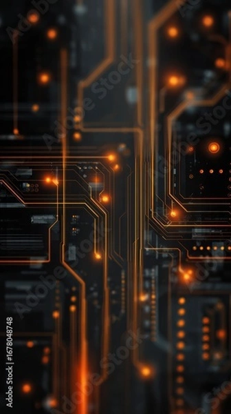 Fototapeta Abstract Technology Background with Glowing Circuit Lines and Digital Patterns in Orange and Black Color Scheme