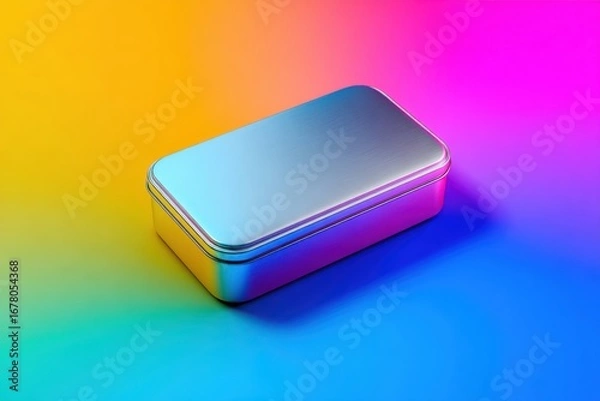 Fototapeta Metallic tin box on a vibrant colorful background with a smooth gradient effect showcasing modern design aesthetics