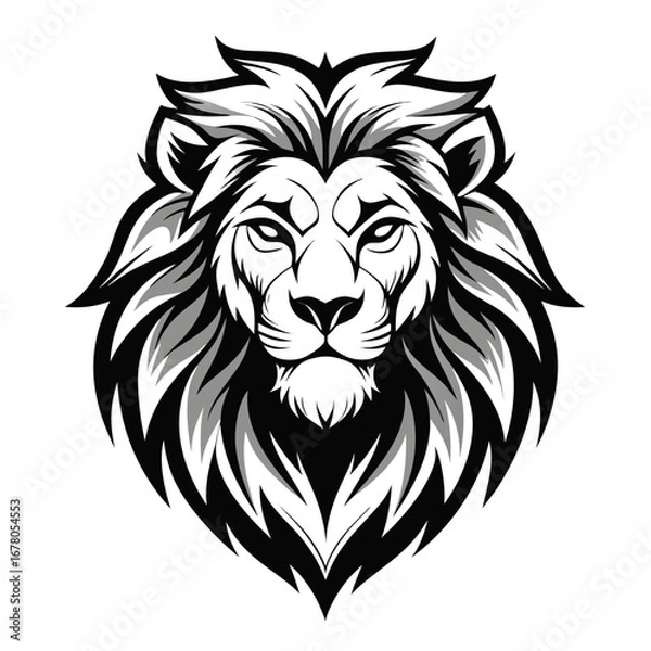 Fototapeta Noble Lion Head with Flowing Mane, Symmetry, and Black-and-White Outline