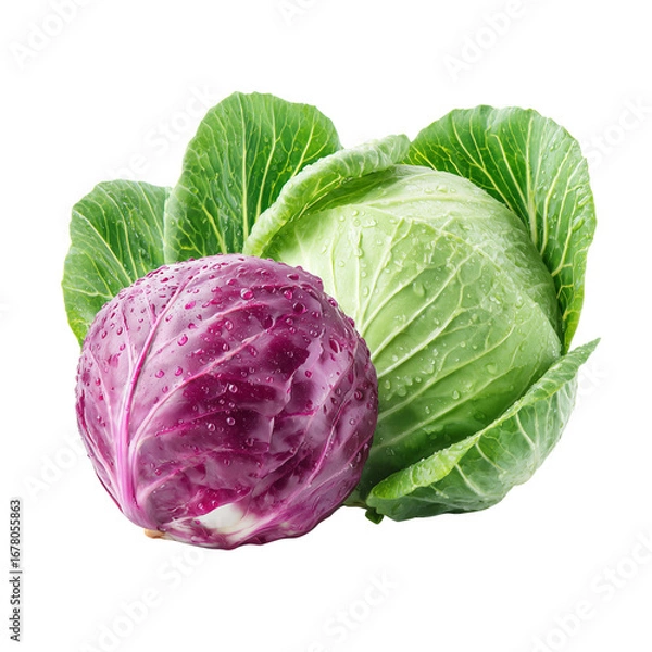 Fototapeta Fresh green and red cabbages with visible water droplets, isolated on transparent background