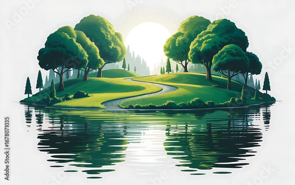 Fototapeta Sunny green landscape with trees, winding path, and calm lake reflection.