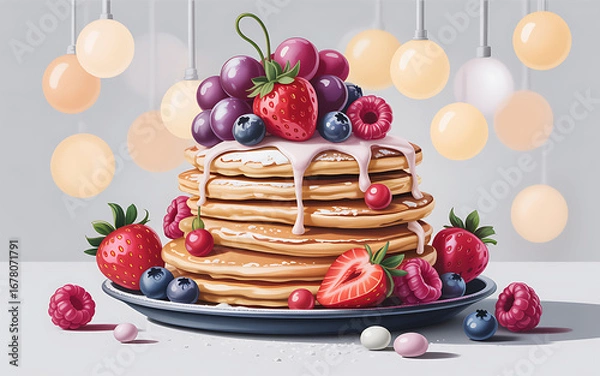 Fototapeta Stack of Pancakes with Fresh Strawberries Blueberries Raspberries and Grapes.