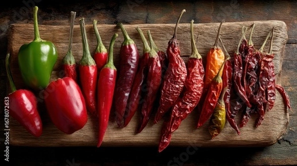 Obraz Array of Whole Dried Red Chilies of Different Varieties on Wood