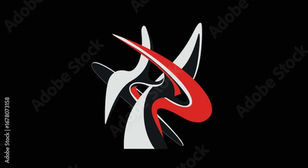 Obraz Abstract design black white  red shapes intersect against a black background