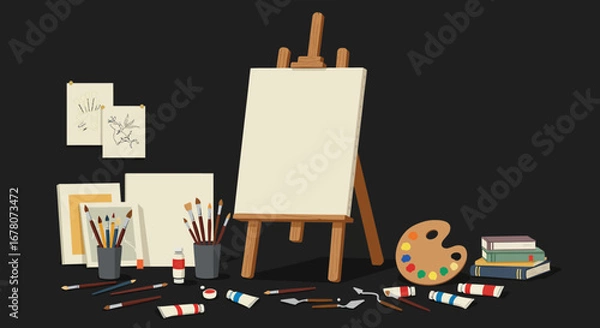 Obraz Art setup canvas on easel palette brushes paints sketches books on dark background
