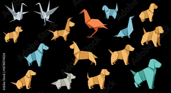 Obraz Origami figures dogs cranes and a bird varied in color brown gray blue orange