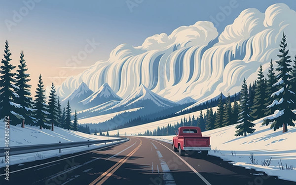 Fototapeta Red truck driving on snowy mountain road with pine trees and dramatic clouds.
