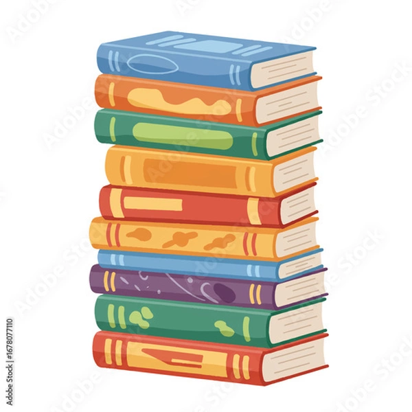 Fototapeta An educational stack of vibrant, colorful textbooks is presented in a clean flat 2D illustration, isolated on a bright white background, symbolizing knowledge and academic learning.