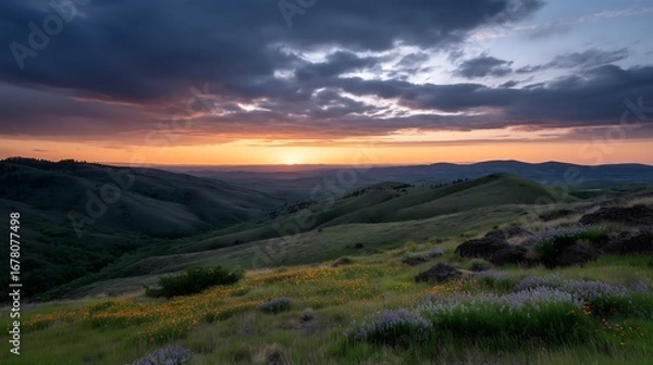 Obraz Rolling hills covered in wildflowers under a dramatic sunset sky