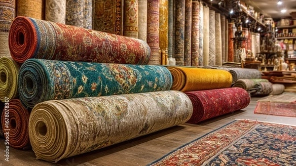 Fototapeta Colorful rolled carpets display in a store, stacked for customers. Showcases textile industry, interior design, or home décor needs.