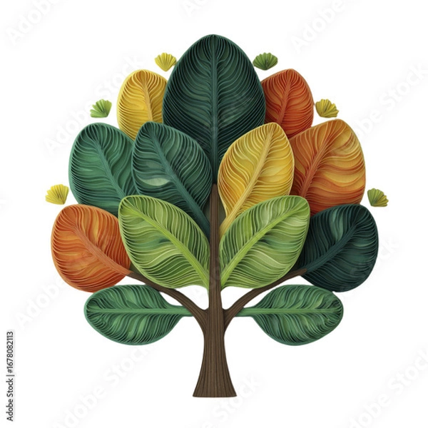 Fototapeta Stylized tree with textured paper quilled leaves in autumnal colors Paper art