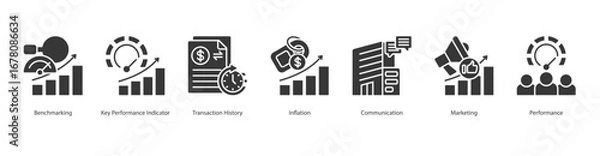 Fototapeta Performance Metrics banner web icon set vector illustration concept with icon of benchmarking, key performance indicator, transaction history, inflation, communication, marketing, performance