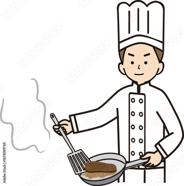 Obraz フライパンでステーキを焼く男性コック