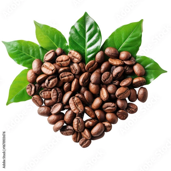 Fototapeta Coffee beans in Heart shaped and leaves, fair trade concept top view isolate on transparency background
