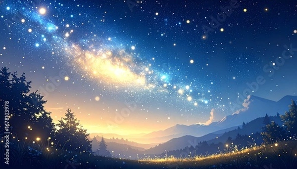 Fototapeta 星空 幻想的 天の川 宇宙 銀河 輝き 夢 神秘的 夜空 流れ星 光 壮大 美しい ロマンチック 煌めく 魔法 ファンタジー