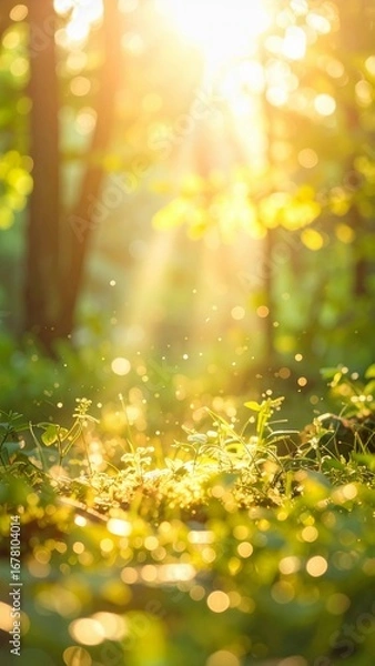 Fototapeta 木漏れ日 太陽光 葉っぱ 緑 輝き ボケ 幻想的 暖かい 柔らかな光 明るい 穏やか 癒やし 自然 爽やか きらめく