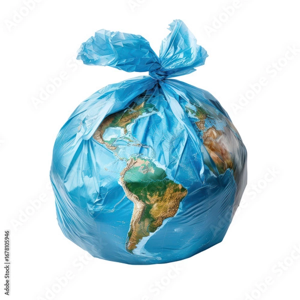 Fototapeta earth globe in a plastic trash bag isolate on transparency background