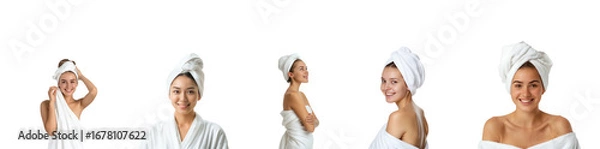 Fototapeta Collection of Smiling beautiful young woman in white towel standing with hand adjusting towel wrap her hair front view isolate on transparency background