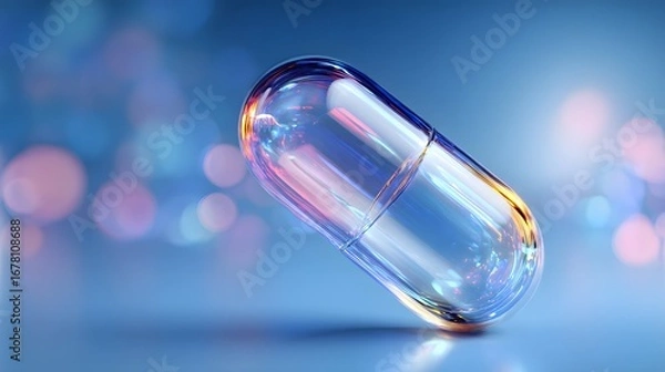 Obraz Futuristic translucent capsule floating against a blue medical backdrop with light refraction.