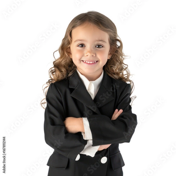 Fototapeta Smiling little girl wearing lawyer uniform standing front view isolate on transparency background