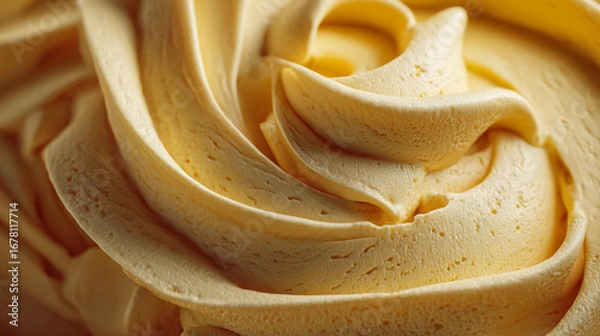 Fototapeta Close up of a yellow frosting swirl with detailed texture and soft lighting creating a smooth appearance