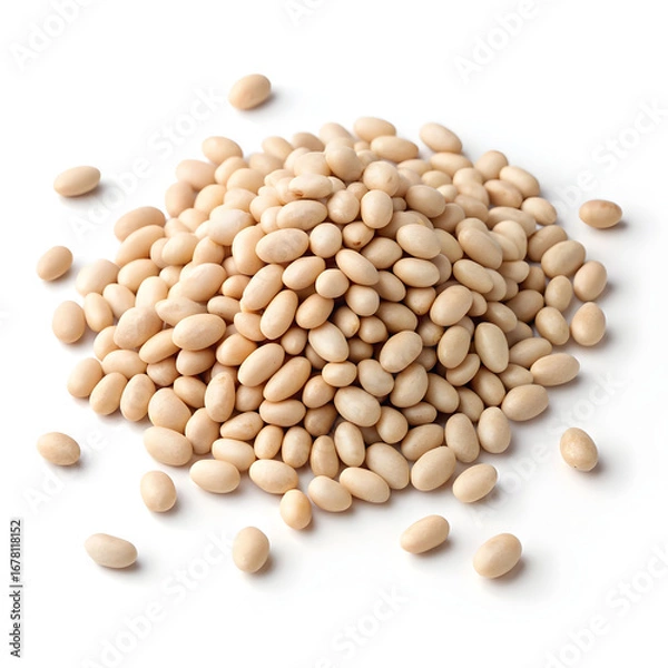 Fototapeta Close-up of dried navy beans isolated on a plain white background, showcasing their small,