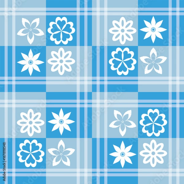 Fototapeta Elegant blue and white floral motif on a classic tartan background, ideal for casual and springwear, adding freshness and vintage charm to your wardrobe