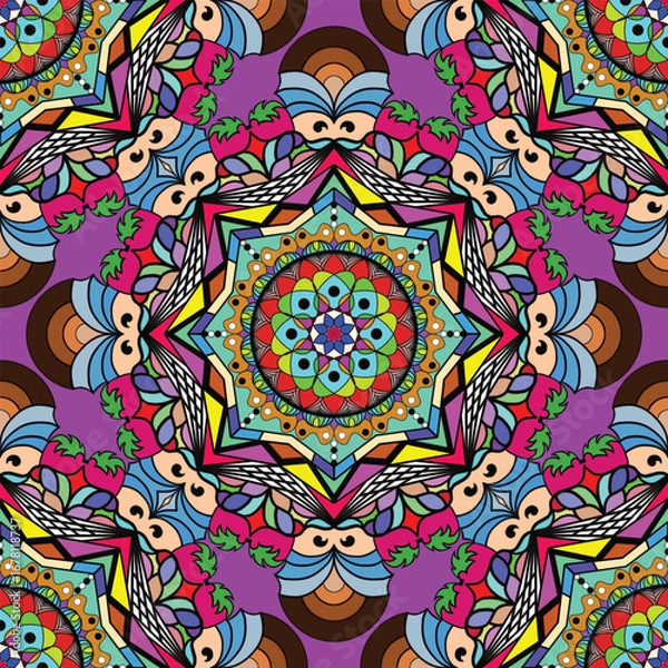 Fototapeta Intricate, colorful mandala with kaleidoscopic symmetry, perfect for boho and artistic fashion statements on clothing. Bright hues and detailed motifs enhance visual appeal