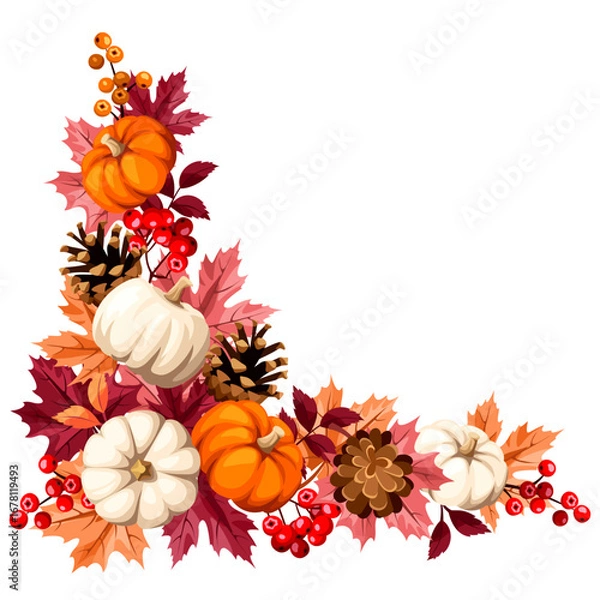 Fototapeta Autumn corner design element with red and orange autumn leaves, pumpkins, pine cones, and rowanberries. Vector fall leaves corner frame