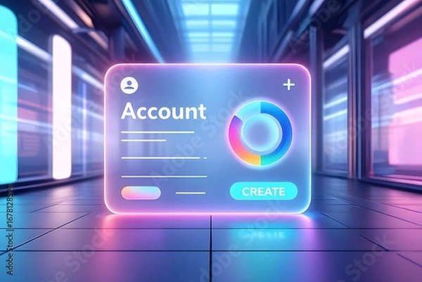 Fototapeta Futuristic digital account creation and user profile setup interface, featuring a neon-glowing sign-up form for secure access and online identity management.
