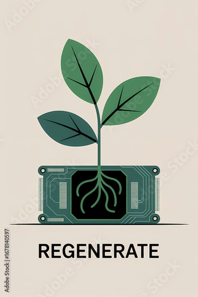 Fototapeta Regenerate: Leafy Plant Emerging from Circuit Board in Minimal Flat Art