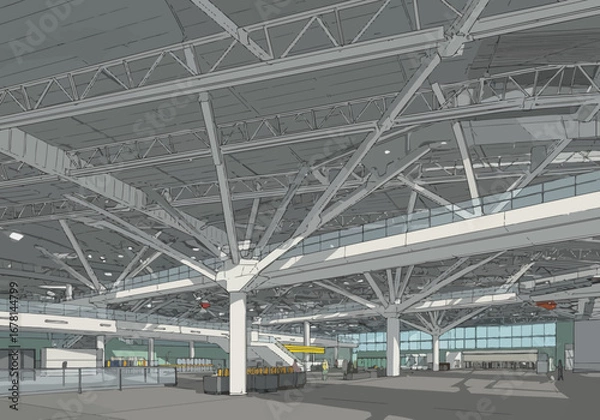 Obraz Industrial interior with structural beams columns and minimal human figures