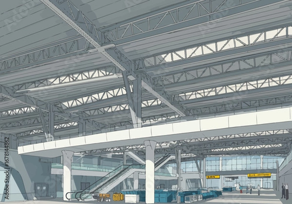 Obraz Interior view of an airport or large building showing ceiling trusses columns and interior architecture