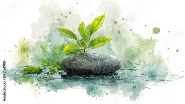 Fototapeta A serene illustration of a green plant growing on a smooth stone, surrounded by soft watercolor splashes, symbolizing growth and resilience.