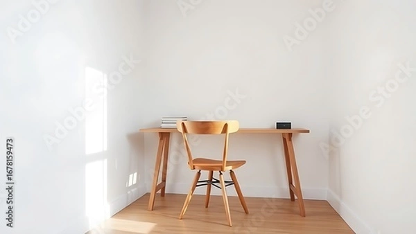 Fototapeta A clean and simple office corner featuring a wooden desk and chair under soft natural light.