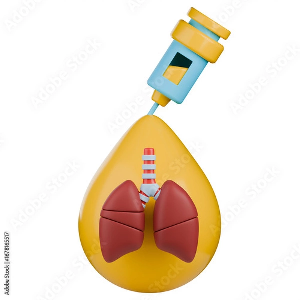 Fototapeta Pleural effusion 3d illustration with syringe and lung in yellow drop of pleural effusion.