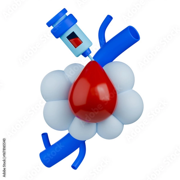 Fototapeta Venous blood gas 3d illustration showing veins with drop of blood, gas cluster, syringe and needle.