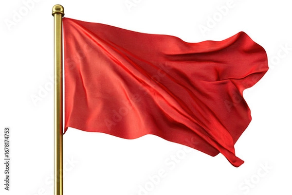Obraz Waving red flag on golden pole illustration, symbol of warning, danger, or alert, graphic element, high resolution isolated on transparent background
