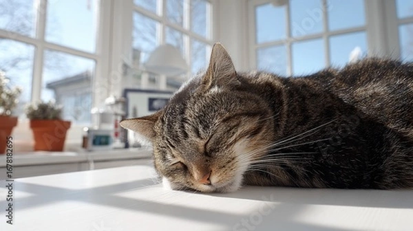 Obraz Peaceful tabby cat resting by window