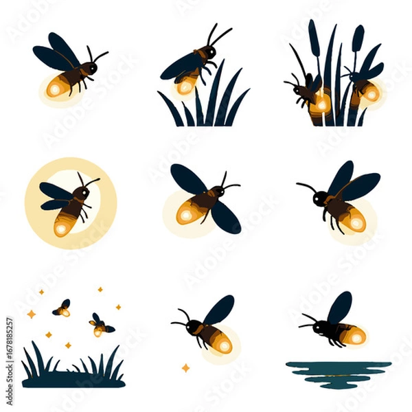 Fototapeta Lake fireflies glowing icon above halo firefly vector glow wings group
